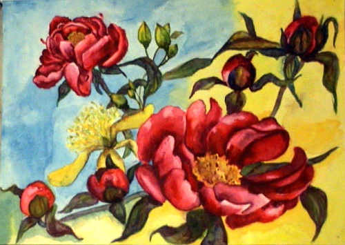 Пионы, художник Анна Журавлёва, 1990 г., акварель